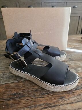 Anthropologie Black Leather Espadrille Sandals with Buckle Straps